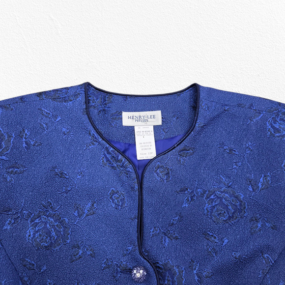Vintage 80s Royal Blue Jacquard Skirt Suit Floral Formal Skirt Blazer Size 12P - Picture 4 of 16